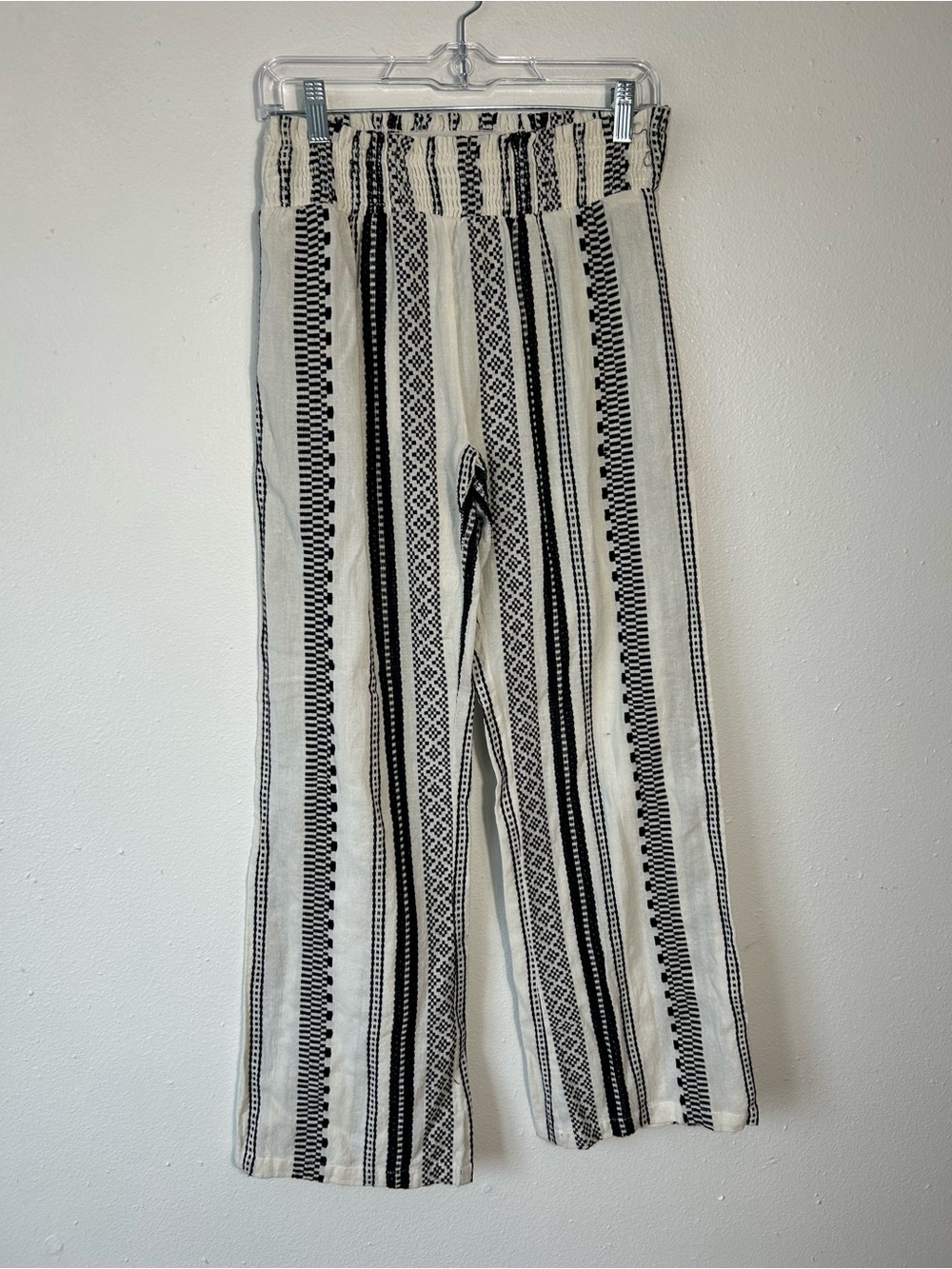 Elan Boho Wide Leg Pants M Black White Geometric Stripe Smocked Waist Cotton